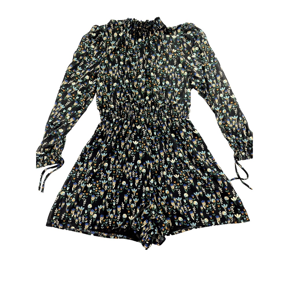 Zara Dress Women's Size M Black Floral Long Sleeve V Neck Mini Fairy-Core